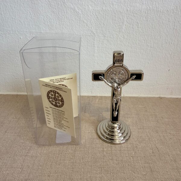 9x4cm Standing Base Saint Benedict Medal Crucifix | Black/Sliver