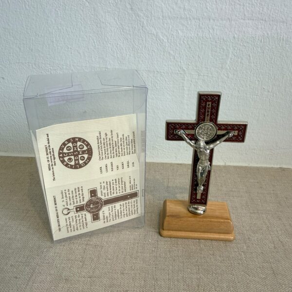 9x4cm Standing Base Saint Benedict Medal Crucifix | Red/Sliver