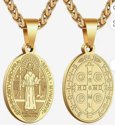 Stainless Steel St Benedict Oval Pendant Necklace 60cm (Gold)