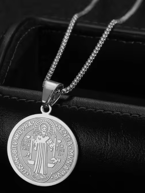 Stainless Steel St Benedict Round Pendant Necklace 60cm (Sliver)