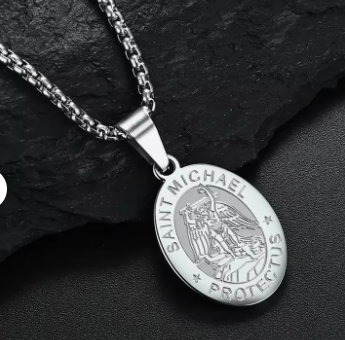 Stainless Steel St Michael Oval Pendant Necklace 60cm (Sliver)